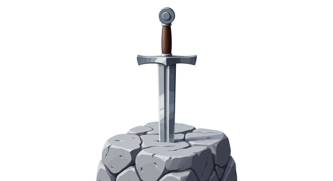Ancient Legendary Sword Excalibur Stuck in Stone Illustration.