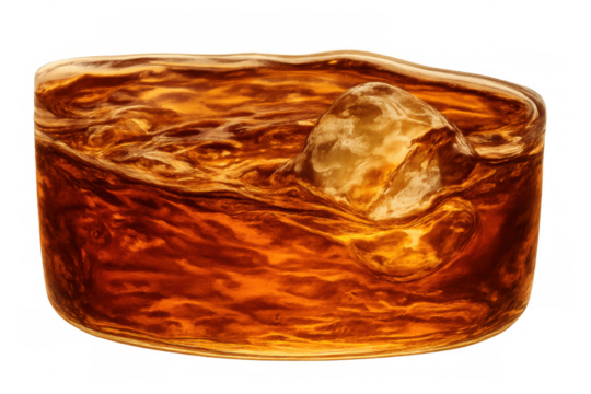 Whiskey or bourbon splash with melting ice cube creating dynamic amber liquid movement, transparent background