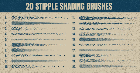 Ink scatter brush, stipple drawing and texturing. Fading gradient. Stippling, dotwork drawing, shading using dots. Halftone disintegration effect. White noise grainy texture. Vector illustration