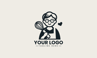 Warm and friendly grandma character holding bread and rolling pin vector bakery logo illustration design 