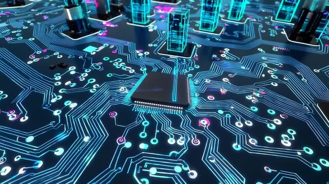 Explore the innovative design of a futuristic circuit board with glowing components and vibrant colors