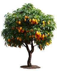 Large mango tree with ripe fruits isolated on transparent background