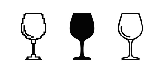 Three versions of wine glass icons in pixel, solid, and line representations