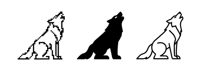 Three variations of a stylized howling wolf, displayed as pixelated, solid silhouette, and outline design © liubomir118809