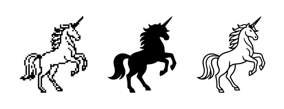 Unicorn Representations in Pixelated, Silhouette, and Line Art Styles