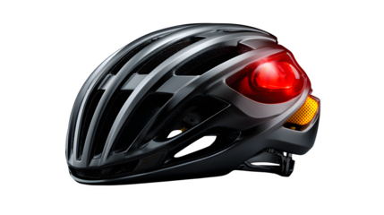 High quality, realistic photo of Bicycle helmet aerodynamic with rear light, isolated on transparent background, product photography style