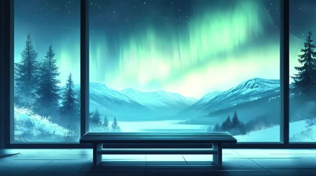 A view of a bench with the aurora borealis and mountains at night. 4K animated video