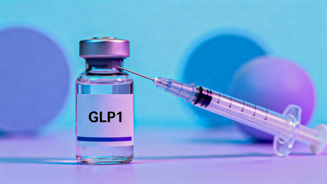 Hopeful medical GLP1 vial with syringe for weight management and diabetes treatment. modern therapy concept for controlling obesity and health