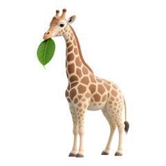 Obraz premium Brown and White Giraffe Eating Leaf, 3D Realism Illustration with Transparent Background