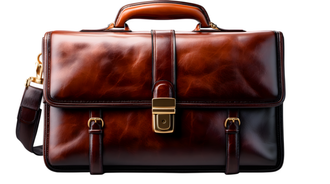 Large leather briefcase with a professional design isolated on transparent background
