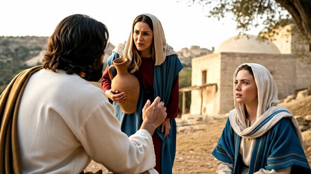 Man teaching two women about Christian faith, gospel, and spiritual wisdom outdoors, ancient biblical world footage