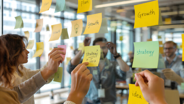 Dynamic collaborative brainstorming session in a modern office, fostering innovation and strategic business growth and development