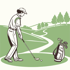 Golf Swing in the Green: A determined golfer takes his stance, eyes fixed on the ball, ready to execute a precise swing on the lush, rolling green.