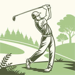 Golf Swing Excellence: An illustration of a golfer in mid-swing, showcasing the elegance and power of the sport. The setting is a serene golf course, perfect for this outdoor activity.