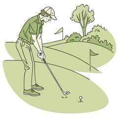 Focused Golfing: A golfer prepares to strike, his concentration and form on full display on a meticulously maintained green. A serene blend of sport and nature.