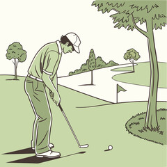 Golfing Moment: A focused golfer prepares to swing on a lush green golf course, illustrating precision, concentration, and leisure.