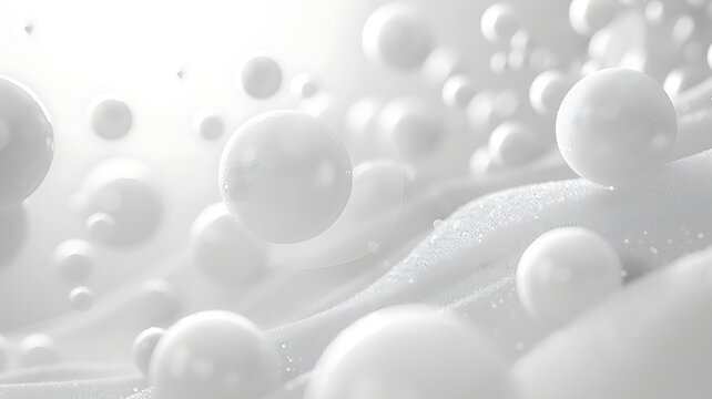 Abstract White Spheres on Wavy Background: Clean Minimalist Design with 3D Balls and Soft Fabric Texture