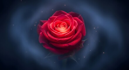 Enchanting Red Rose with Ethereal Glow on Dark Background.