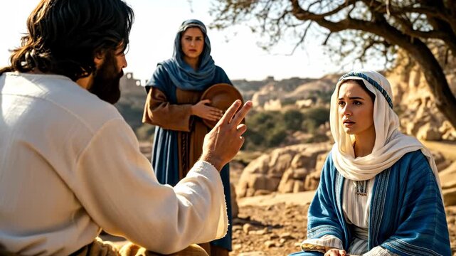 Jesus christ and two women, martha and mary, talking evangelist with disciples in ancient jerusalem footage