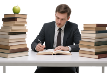 Businessman Writing in Notebook with Stacked Books on Transparent Background, Professional Office Asset