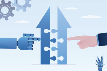 Human and robot arms merging arrows together. B2b, smart entrepreneur and AI chatbot push parts of arrow, collaboration, business connection