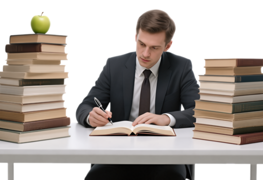 Businessman Writing in Notebook with Stacked Books on Transparent Background, Professional Office Asset - Powered by Adobe