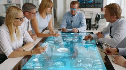 Collaborative Data Analysis: A team of professionals is engaged in a focused discussion around a cutting-edge, touch-sensitive table that projects intricate data visualizations. - Powered by Adobe
