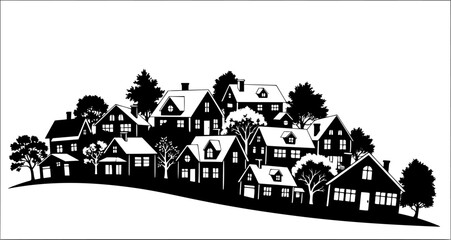 Neighborhood silhouette. This image portrays a collection of houses and trees in silhouette, showcasing a peaceful residential area with a scenic slope. Vector clipart illustration design