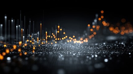 Abstract digital waveform display with glowing orange and white data points on a dark background