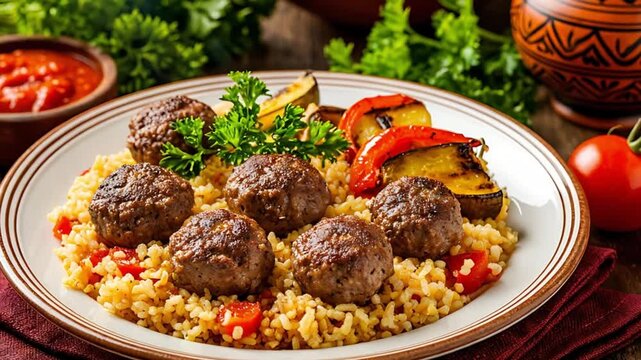 Hearty homemade meatballs served on a bed of bulgur with grilled zucchini, red pepper, and fresh parsley
