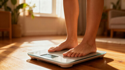 Hopeful woman starting sustainable weight loss journey checking her diet progress on scale for healthy body and lifestyle at home