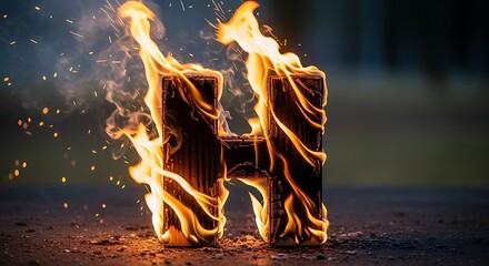 Burning letter H on a dark background with sparks and smoke.