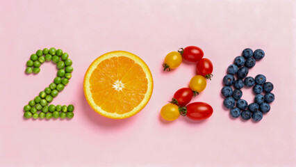 Happy new year 2026 resolution with healthy food. creative diet plan with fruit and vegetable for sustainable weight loss and wellness