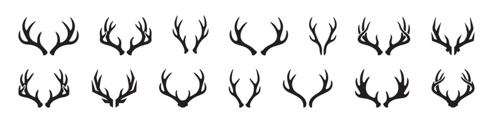 Deer horn icons set. Animal horn silhouettes, wildlife and hunting symbols, horn shape collection.