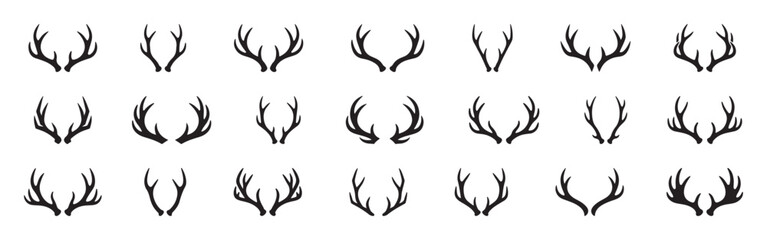 Naklejka premium Deer horn icons set. Animal horn silhouettes, wildlife and hunting symbols, horn shape collection.