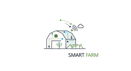 Futuristic Smart Farm Building with Digital Technology and Growing Plants.