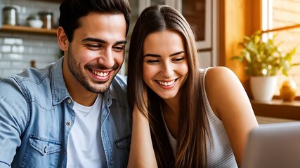 Young smiling couple analyzing budget on laptop, planning savings and future investments in their bright home kitchen - Powered by Adobe