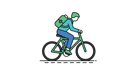 Person riding a bicycle with a backpack stylized illustration.