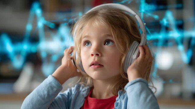 Immersed in Sound: A young child wearing headphones, captivated by the rhythm and melody, as vibrant sound waves dance around, painting a picture of auditory delight.