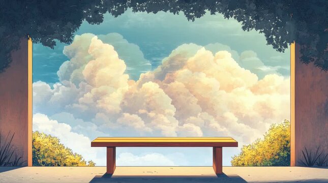 A view of a bench with beautiful white clouds. 4K animated video
