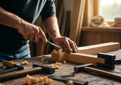 Carpenter Working with Wood and Tools in Workshop.