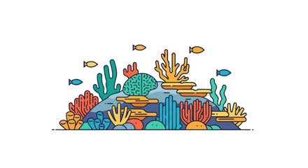 Vibrant flat design coral reef illustration with diverse marine life and small fish.