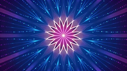 Radiant geometric flower pattern neon blue pink starburst symmetrical mandala with layered petals radial dotted lines and vibrant glowing ornamental - Powered by Adobe