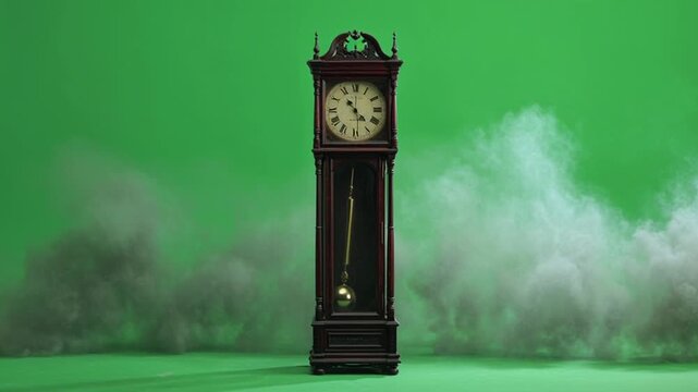 Grandfather clock in antique wooden design with smoke vibrant green backdrop