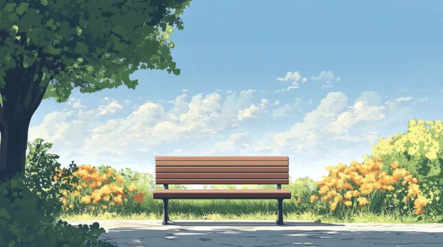 A view of a bench with a clear sky and white clouds. 4K animated video
