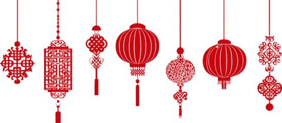 Festive Lanterns: Red & Black Chinese Decorations Against White Backdrop