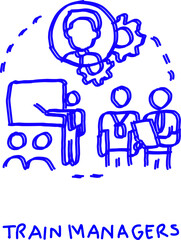 Blue line icon showing training managers concept with people, presentation board, and gear symbols representing leadership development and teamwork.
