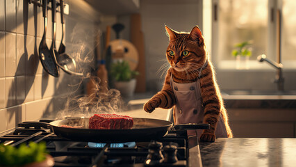 Naklejka na ściany i meble Cat Cooking Steak in Kitchen with Focus and Curiosity