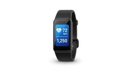 Black Fitness Tracker Smartwatch Displaying Heart Rate and Steps.