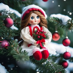 Jolie petite poupée ancienne en chiffon assise sur la branche d'un sapin de Noël dans un décor de fête. 